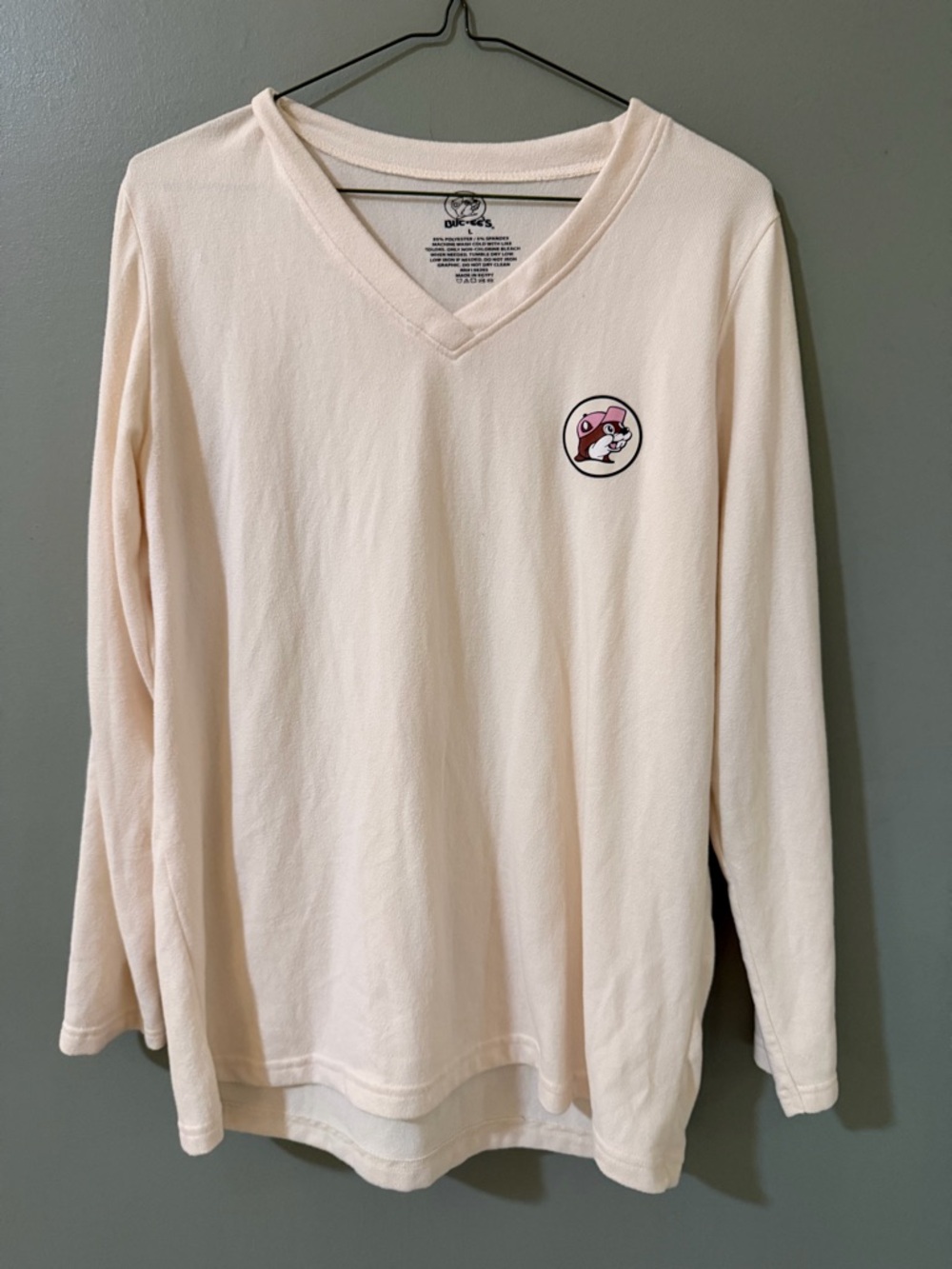 Buc-ee's long sleeve pajama shirt in a cream color with a small logo large